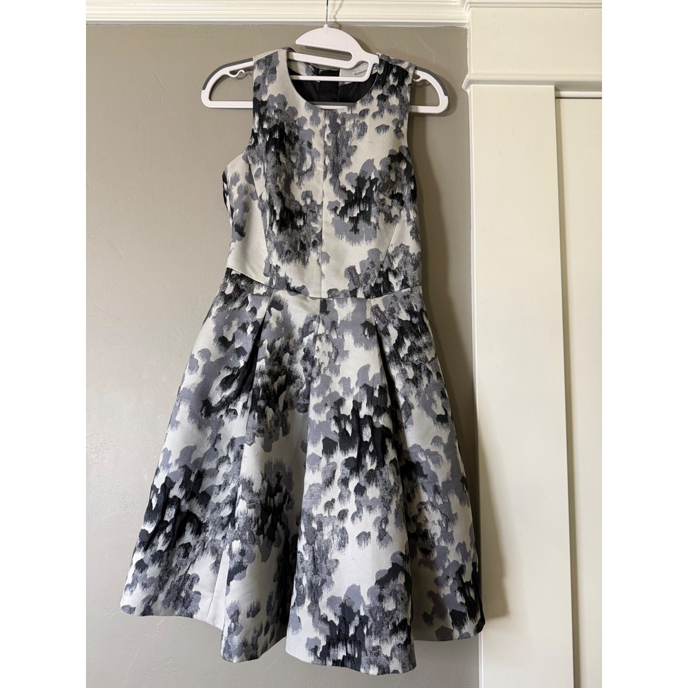 HM Abstract Brushstroke Print Fit and Flare Dress Grey Black White Sleeveless